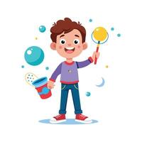 Happy boy blowing colorful soap bubbles vector