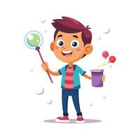 Excited boy enjoying bubble fun vector