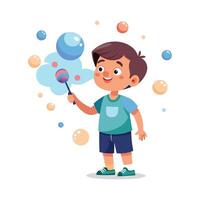 Playful boy blowing bubbles in garden vector