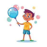 Joyful boy holding bubbles in the park vector