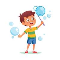 Excited boy enjoying soap bubble fun vector
