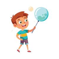 Charming boy playing with soap bubbles vector