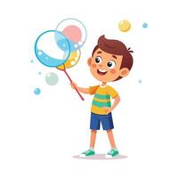 Delighted boy with soap bubbles in hand vector
