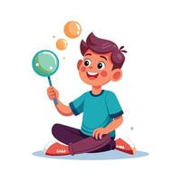 Joyful boy creating soap bubbles outdoors vector
