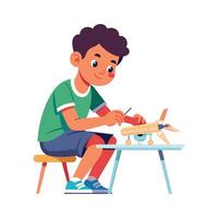 Dedicated boy assembling a model airplane vector