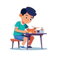 Joyful boy enjoying model airplane building vector