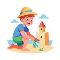 Thoughtful boy crafting sandcastle at beach vector