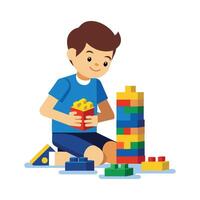 Illustration of Boy Joyfully Building with Legos vector