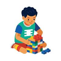 Boy Building Colorful Lego Structure with Focus vector