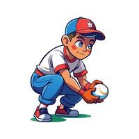 Boy in Crouch Position Catching Baseball with Joy vector