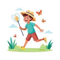 Joyful Boy Running to Catch Butterflies Outside vector