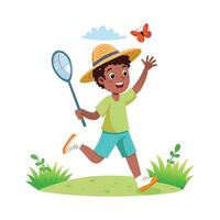 Boy Running Through Field Catching Butterflies vector