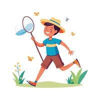 Illustration of Boy Running to Catch Butterflies vector