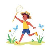 Excited Boy Running to Catch Butterflies in Garden vector