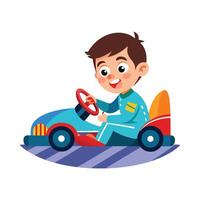 Scene of Boy Lying in Race Car Bed with Joy vector