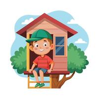 Joyful Boy Sitting in Treehouse with Excitement vector