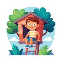 Energetic Boy Sitting in Treehouse with Excitement vector