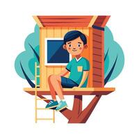 Energetic Boy Sitting in Treehouse with Glee vector