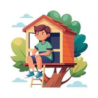 Illustration of Boy Sitting in Treehouse with Joy. vector