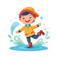 Energetic Boy Jumping in Puddles with Excitement vector
