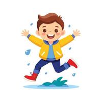 Joyful Boy Jumping into Puddle with Glee. vector