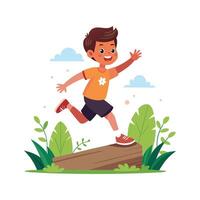 Energetic Boy Jumping Over Log with Joy vector