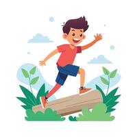 Joyful Boy Jumping Over Log with Excitement vector