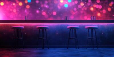 Vibrant bar interior with colorful lights and empty stools in a lively nightlife atmosphere photo