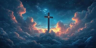 Powerful cross illuminated by dawn light amidst vibrant clouds in a serene sky photo