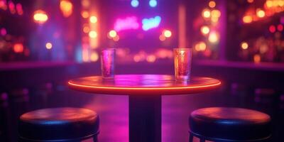 Cozy bar table with glowing edge and empty glasses amid vibrant nightlife atmosphere photo