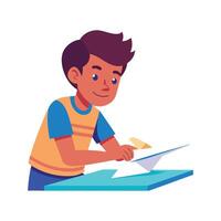 Boy Folding Paper Airplane with Excitement vector