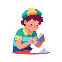 Boy Folding Paper Hat with Joy vector