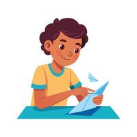 Young Boy Enthusiastically Folding Paper Plane vector