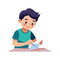 Boy Folding Paper Plane with Concentration vector
