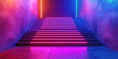 Colorful stairway with neon lights creating a vibrant atmosphere in an urban setting during the evening photo