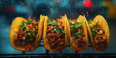 Delicious tacos filled with seasoned meat and fresh toppings on a rainy day photo