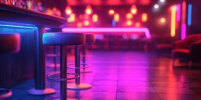 Vibrant interior of a trendy bar with neon lights and inviting seating at night photo