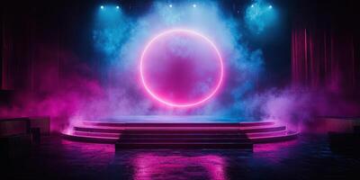 Vibrant neon stage design featuring circular light display and colorful fog in a performance space photo