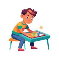 Scene of Young Boy Engrossed in Board Game vector