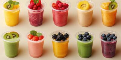 Colorful assortment of fresh fruit smoothies displayed in clear cups on a neutral background photo