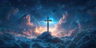 Beautiful cross rising above vibrant clouds during twilight hours, symbolizing hope and faith in a serene sky photo