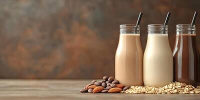 Variety of plant-based milk options featuring almond, oat, and chocolate flavors on a rustic background photo