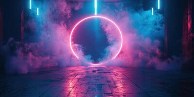 Neon light circle creates a surreal atmosphere in an urban setting with fog and dramatic shadows photo