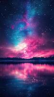 Cosmic reflections illuminate a tranquil lake under a vibrant night sky filled with stars photo