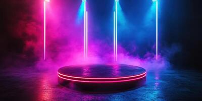 Colorful stage setup with neon lights and smoke creating an energetic atmosphere for a performance event photo