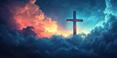 Beautiful cross surrounded by colorful clouds at twilight with a starry sky in the background photo