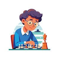 Boy Sitting at Table Playing Chess Strategically vector