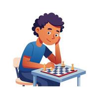 Boy Strategizing at Chess Table Sitting vector
