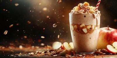 Delicious smoothie with creamy texture and crunchy toppings served in a tall glass, showcasing fresh ingredients and a vibrant presentation photo