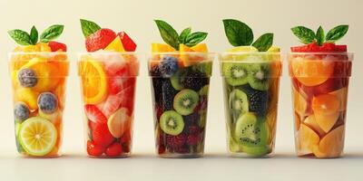 Colorful fruit cups showcase a vibrant assortment of fresh ingredients in a healthy dessert display photo